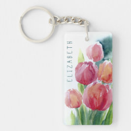 Rode tulpen waterverf veer bloei sleutelhanger