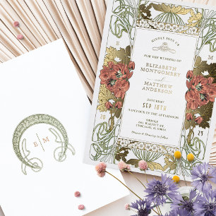 rode Tulpis & gouden bruiloft Art Nouveau Folie Uitnodiging