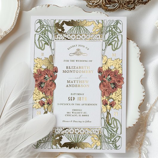  rode Tulpis & gouden bruiloft Art Nouveau Folie Uitnodiging