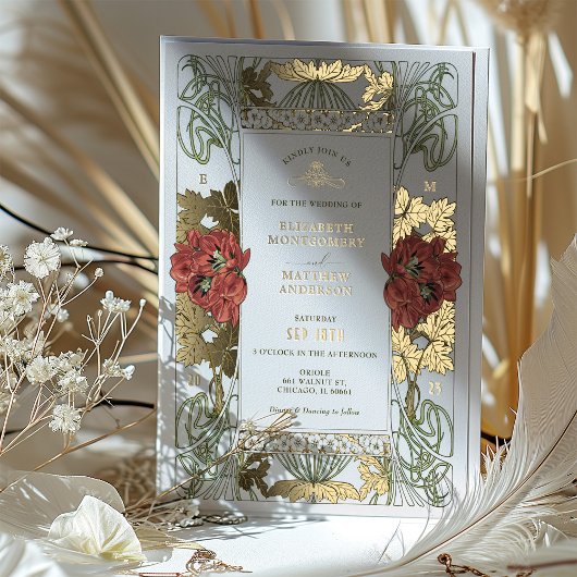 rode Tulpis & gouden bruiloft Art Nouveau Folie Uitnodiging