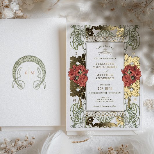  rode Tulpis & gouden bruiloft Art Nouveau Folie Uitnodiging