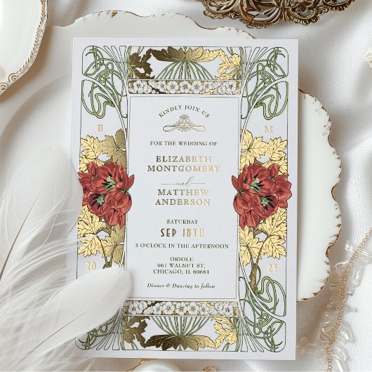 rode Tulpis & gouden bruiloft Art Nouveau Folie Uitnodiging