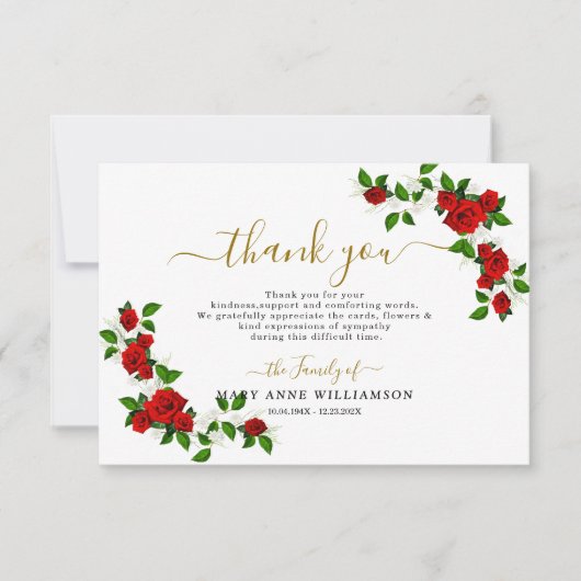 Rode Turkse Rozen Funeral Hartelijk dank Bedankkaart (Voorkant)
