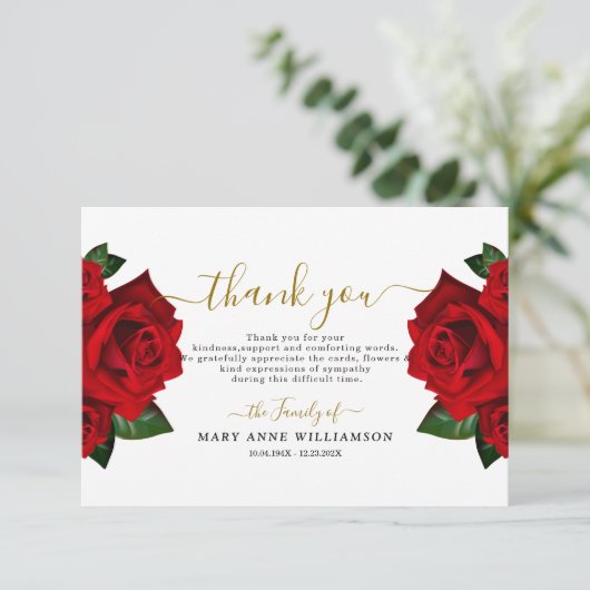 Rode Turkse Rozen Funeral Hartelijk dank Bedankkaart (Staand voorkant)