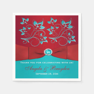 Rode, turquoise bloemenpapier servetten