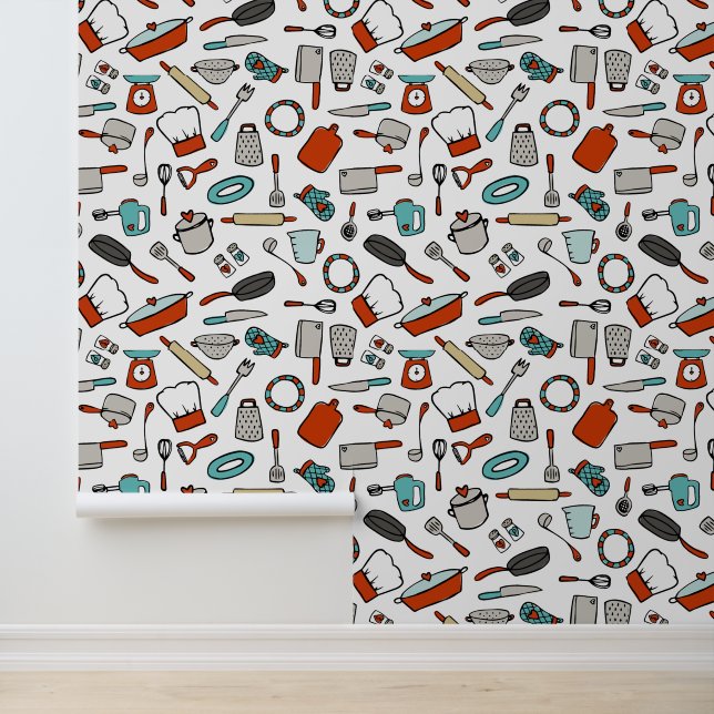 Rode Turquoise Hand getrokken kookgerei Keuken Behang (Applicatie)