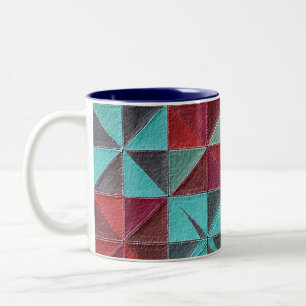 rode, turquoise, paarse en grijze quilt tweekleurige koffiemok