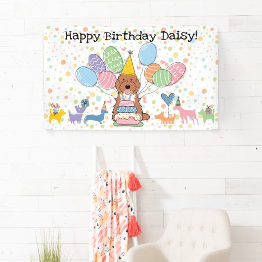 Rode Tuxedo Cockapoo Cavapoo Hond Verjaardagsfeest Spandoek (Insitu)