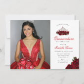 Rode Twee Foto Bloemen Quinceanera Kaart (Voorkant)