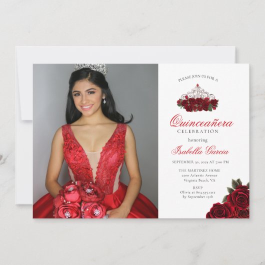 Rode Twee Foto Bloemen Quinceanera Kaart (Voorkant)