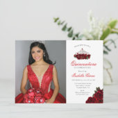 Rode Twee Foto Bloemen Quinceanera Kaart (Staand voorkant)