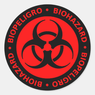 Rode tweetalige waarschuwing voor biogevaar ronde sticker