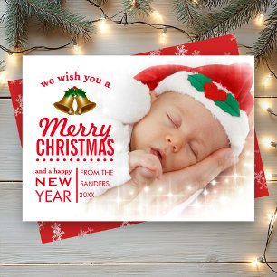 Rode Typografie Overlay Baby Eerste Kerstfoto Feestdagenkaart