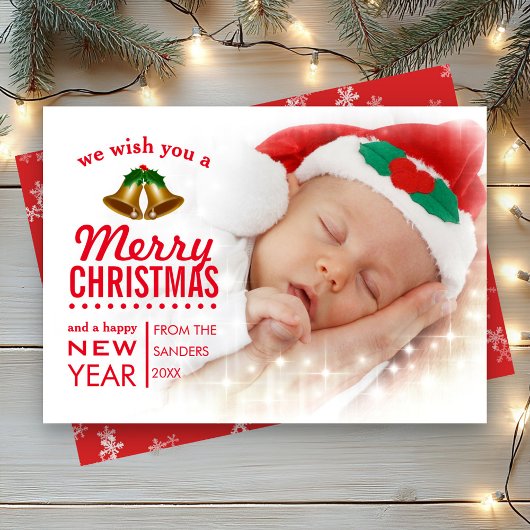 Rode Typografie Overlay Baby Eerste Kerstfoto Feestdagenkaart