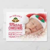 Rode Typografie Overlay Baby Eerste Kerstfoto Feestdagenkaart (Voorkant)