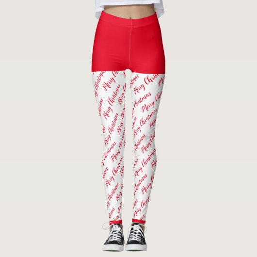 Rode Typografie Patroon Trendy Moderne Kerstmis Leggings (Voorkant)