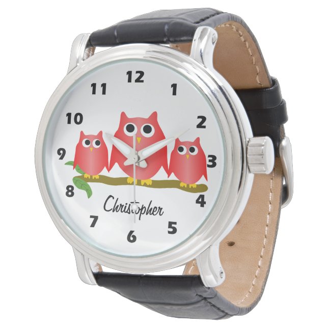 Rode Uilen Ontwerp Gepersonaliseerd Horloge (Gekanteld)