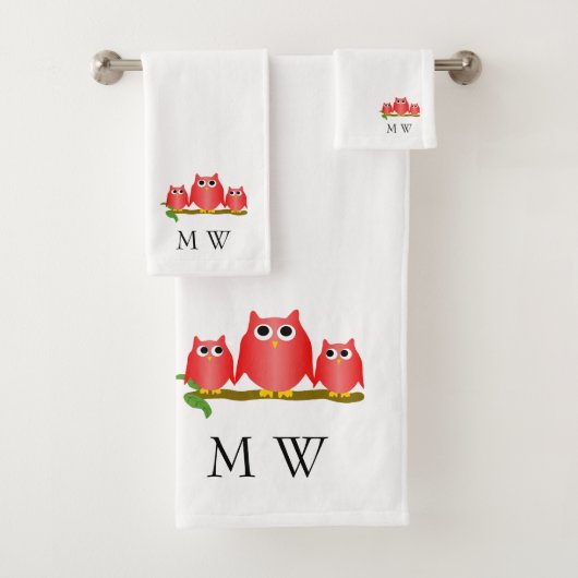 Rode Uilen Ontwerp met Monogram Bad Handdoek (Insitu)