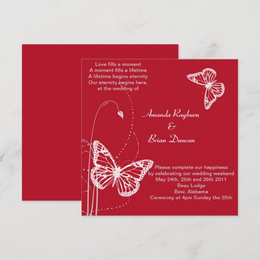 Rode uitnodiging met witte butterflies (Voorkant / Achterkant)