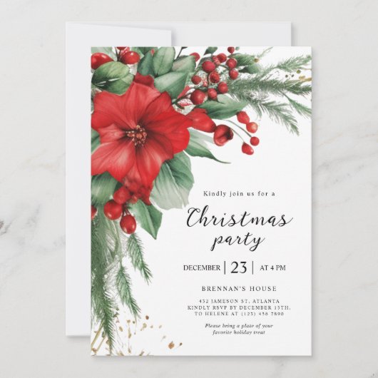 Rode Vakantie Botanische Kerstmis Partij Kaart (Voorkant)