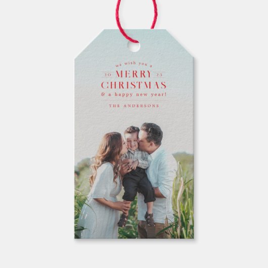 Rode vakantie geruite foto Kerstmis Cadeaulabel (Voorkant)