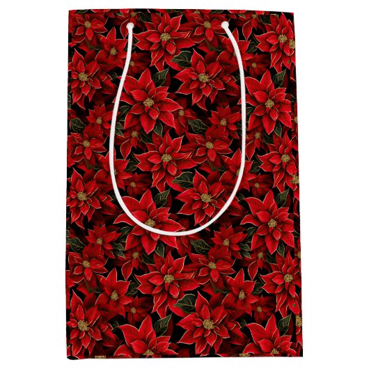 Rode Vakantie Kerstmis Poinsettia Patroon Medium Cadeauzakje (Voorkant)
