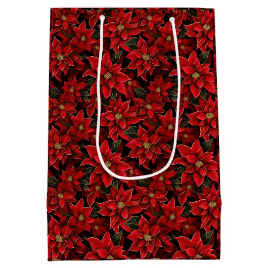 Rode Vakantie Kerstmis Poinsettia Patroon Medium Cadeauzakje (Achterkant)