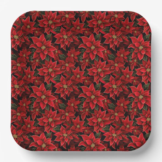 Rode Vakantie Kerstmis Poinsettia Patroon Papieren Bordje (Voorkant)