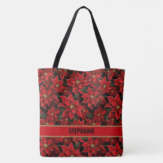 Rode Vakantie Kerstmis Poinsettia Patroon Tote Bag (Achterkant)