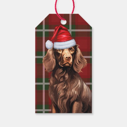 Rode Vakantie Plaid Boykin Spaniel Hond Kerstmis Cadeaulabel (Voorkant)
