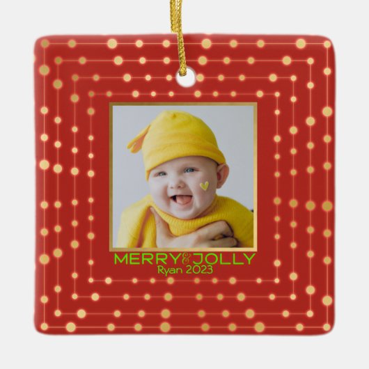 Rode vakantiefoto moderne vrolijkheid keramisch ornament (Voorkant)