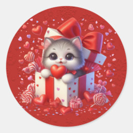 Rode Valentijn kitten in een doos Hearts lint Ronde Sticker
