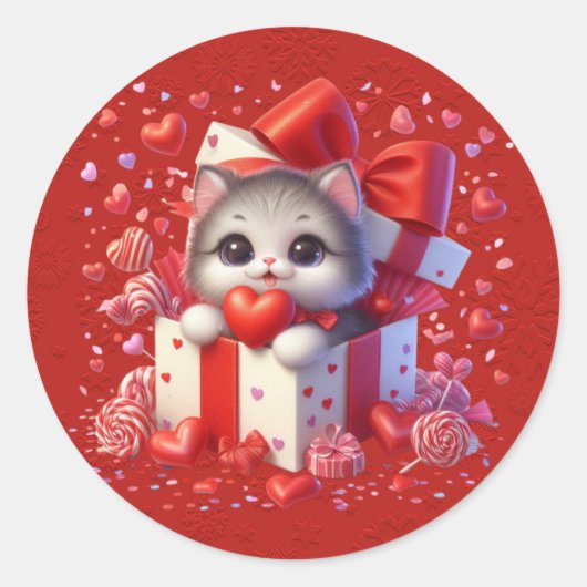 Rode Valentijn kitten in een doos Hearts lint Ronde Sticker (Voorkant)