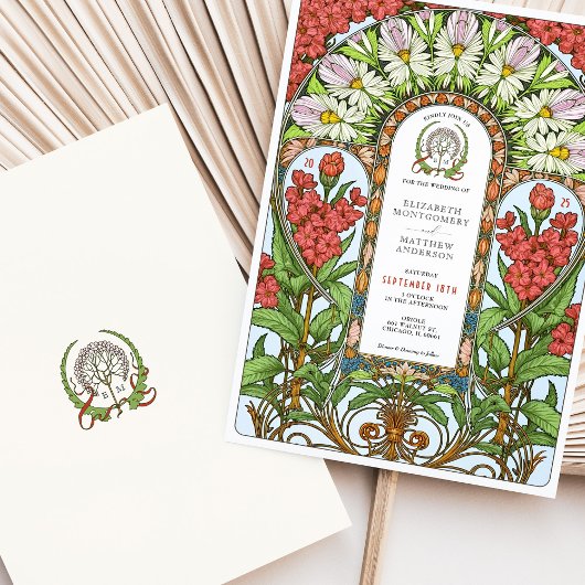 Rode Valeriaan & Witte Daisy Art Nouveau Huwelijk Kaart