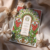 Rode Valeriaan & Witte Daisy Art Nouveau Huwelijk Kaart