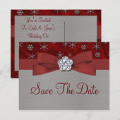 Rode Velour & Zilveren Sneeuwvlokken Save The Date Aankondigingskaart (Voorkant / Achterkant)