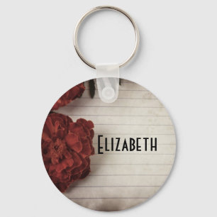 Rode ventilator op gepersonaliseerd papier met gel sleutelhanger