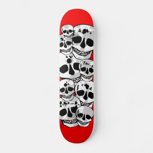 Rode verf splatter schedels zwarte skateboard dek (Voorkant)