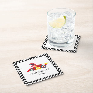 Rode Verjaardag Dinosaur race auto jongen racing k Kartonnen Onderzetters