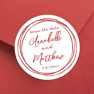 Rode verlovingskaart handgeschreven Save The Date Ronde Sticker