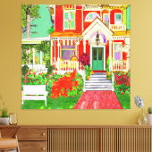 Rode Victoriaanse huis met omsluitende veranda Canvas Afdruk (Insitu (Woonkamer))