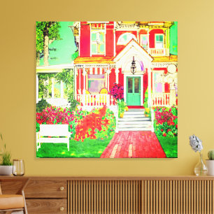 Rode Victoriaanse huis weelderige tuin Canvas Afdruk
