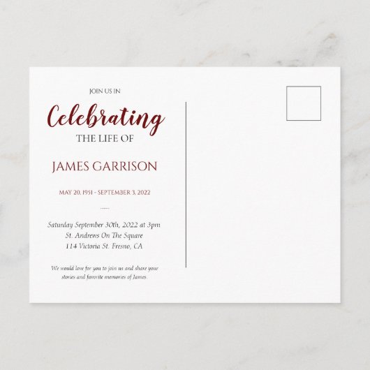 Rode viering van het leven met fotomemoriaal briefkaart (Achterkant)