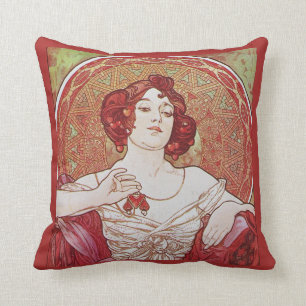 Rode Vintage Art Nouveau Alphonse Mucha Ruby Lady Kussen