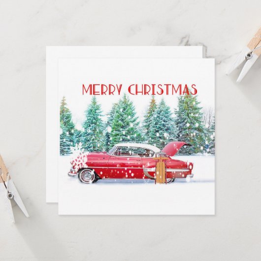 Rode Vintage Auto in de Sneeuw Kaart (Voorkant / Achterkant in situ)