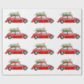 Rode Vintage Auto & Kerstboom Waterverf Cadeaupapier (Vlak)