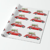 Rode Vintage Auto & Kerstboom Waterverf Cadeaupapier (Uitgerold)