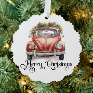 Rode Vintage Auto Kerstmis Ornament Kaart