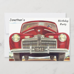 Rode Vintage Auto Verjaardagsfeest Kaart