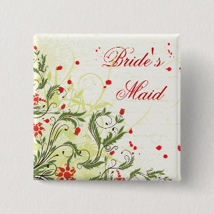 Rode Vintage Bloemen Bruidsmeisje pin terug knop Vierkante Button 5,1 Cm
